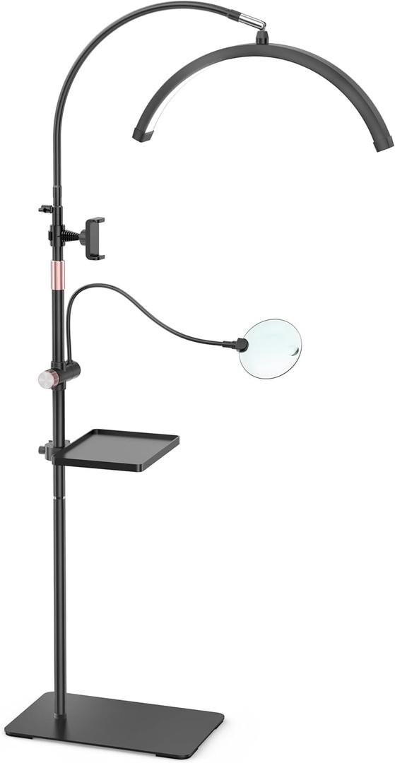Lash Light, 2500LM Half Moon Light with Tool Tray, 2X Magnifier, Phone Holder for Nail Art, Tattoo, Eyelash Extension, SPA Lighting, Floor Esthetician Lamp with Color & Brightness Adjustment (Black)