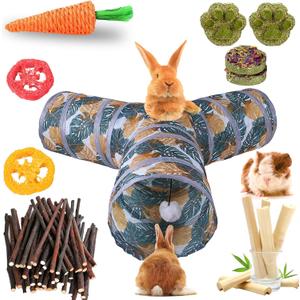 Grddaef Bunny Tunnel, Collapsible 3 Way Rabbit Tunnel and Tubes with Small Animal Hideout Chew Toys for Rabbit Guinea Pig Ferret Hamster
