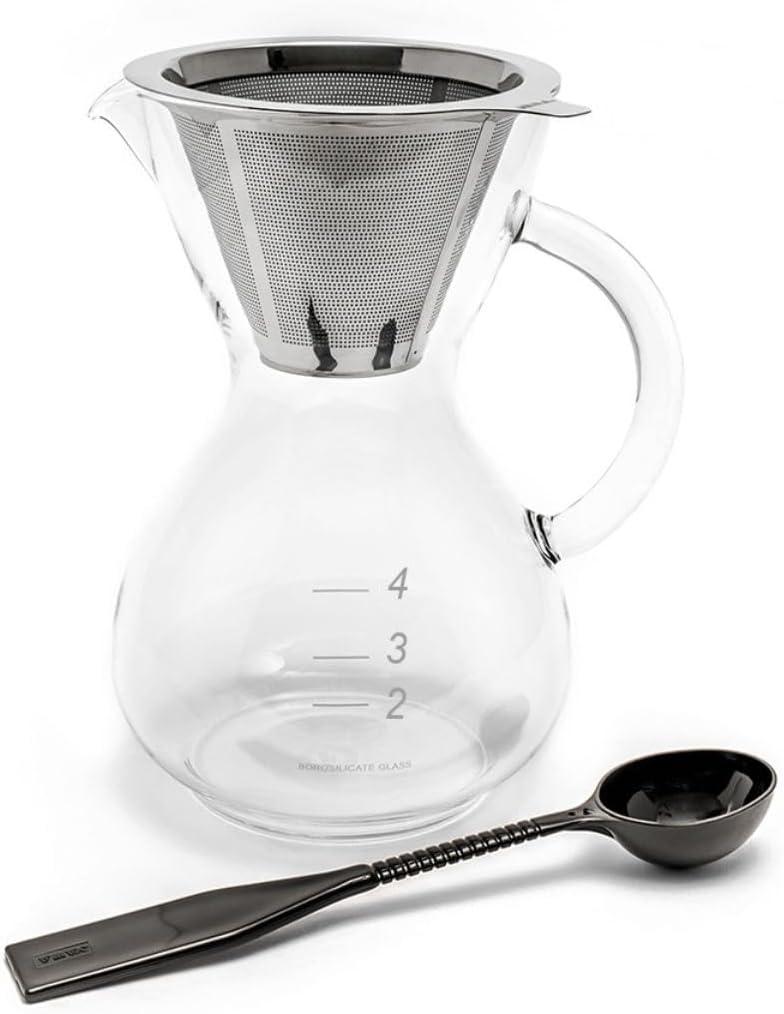 Yama Glass Yama Coffee Glass 20oz Pour Over Drip Pot With Reusable Stainless Steel Filter Cone, Glass Handle, Hand Blown in Taiwan