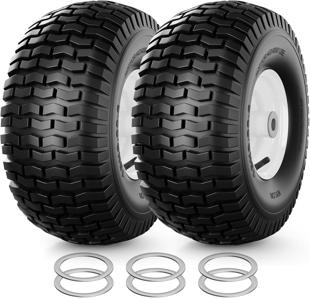 RONPOW 15x6.00-6nhs Lawn Mower Tires and Wheels, Riding Lawn Mower and Garden Tractor Front Pneumatic Tire Replacement Assembly, Easy to Install, 500Lbs Load, 3" Offset Hub, 3/4" Bearing, 2Pack White