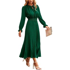 PRETTYGARDEN Women's 2026 Spring Fall Midi Dress Casual Long Sleeve V Neck Swiss Dot Pleated A Line Flowy Dresses (Medium)