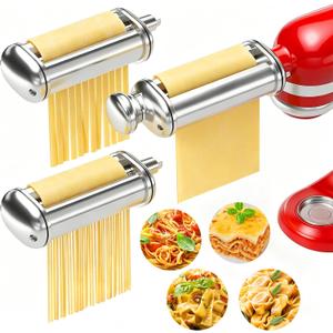 3PCS Pasta Maker Attachment for All Kitchenaid Stand Mixers, Stainless Steel Pasta Attachments Include Spaghetti Cutter & Fettuccine Cutter, Pasta Roller with 8 thickness knob