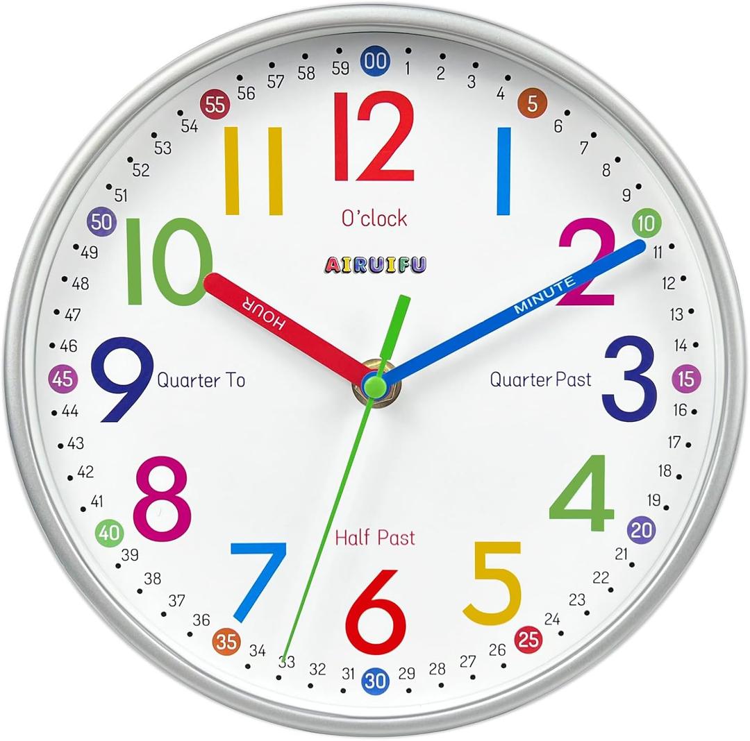 AIRUIFU Wall Clock for Kids Learning Tell Time Easily Non-Ticking Battery Operated Kids Teaching Time Clock- Analog Colorful Clock Decorative for Kids Room Classroom School(8 Inch)