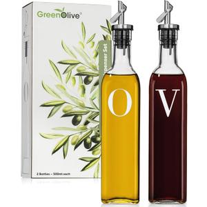GREENOLIVE Olive Oil and Vinegar Dispenser Set - 17 oz. Glass Bottles with No-Drip BPA-Free Spouts - Stylish O and V Identifiers for Kitchen and Dining Use - Set of 2 (White)