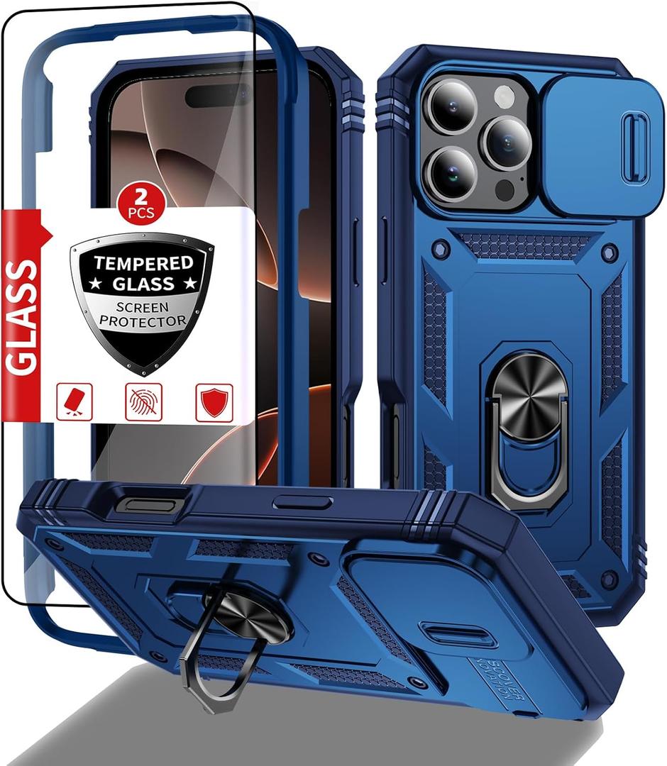Compatible with iPhone 16 Pro Max Case with 2 Tempered Glass Screen Protectors,Built-in Kickstand Ring with Camera Cover Shockproof Military Grade Drop Heavy Duty Protection Phone Bumper Blue