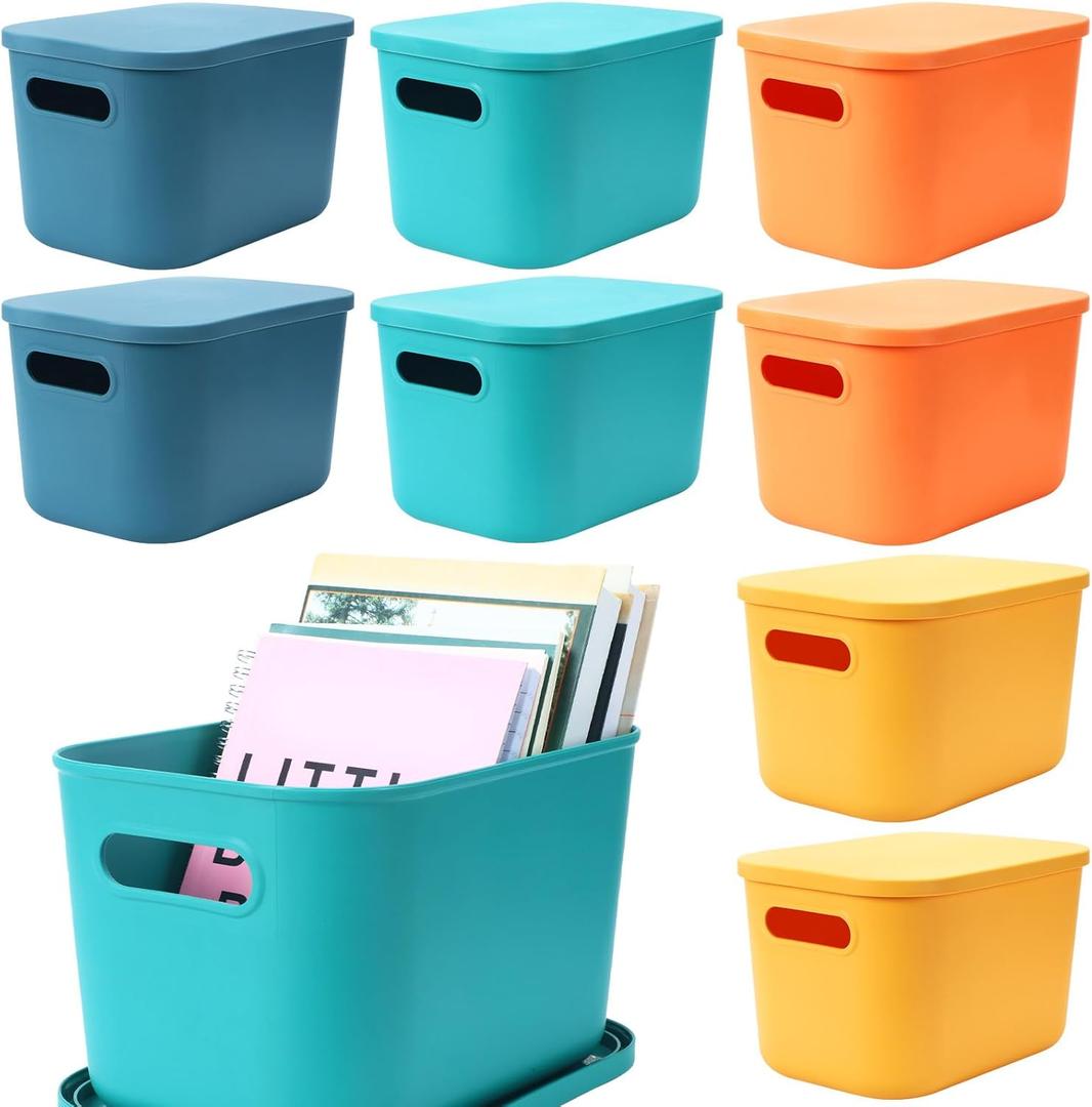 Hoolerry 8 Pieces Colorful Storage Bins with Lid, Plastic Storage Basket Organizing Container Stackable Box with Handle for Shelves Desktop Playroom Office(10.2 x 7 x 6.3 Inch,Multi-colored)