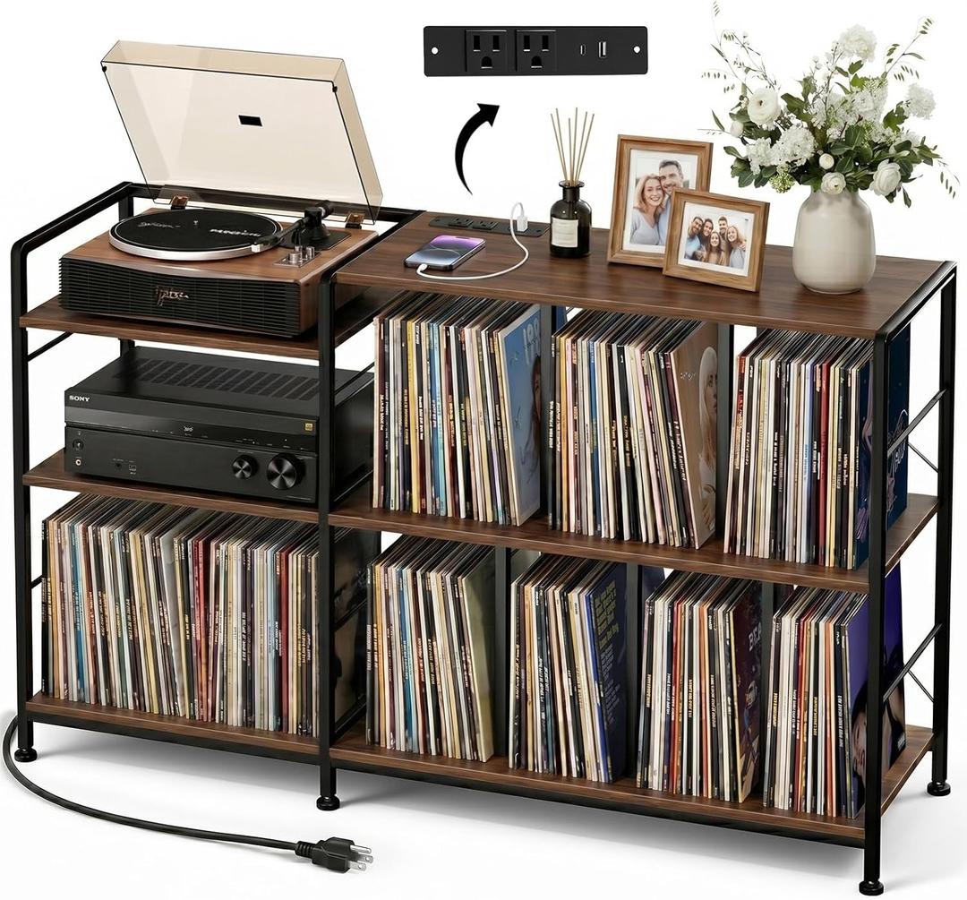 Faesun 50 Inch Large Record Player Stand with vinyl Storage, Walnut