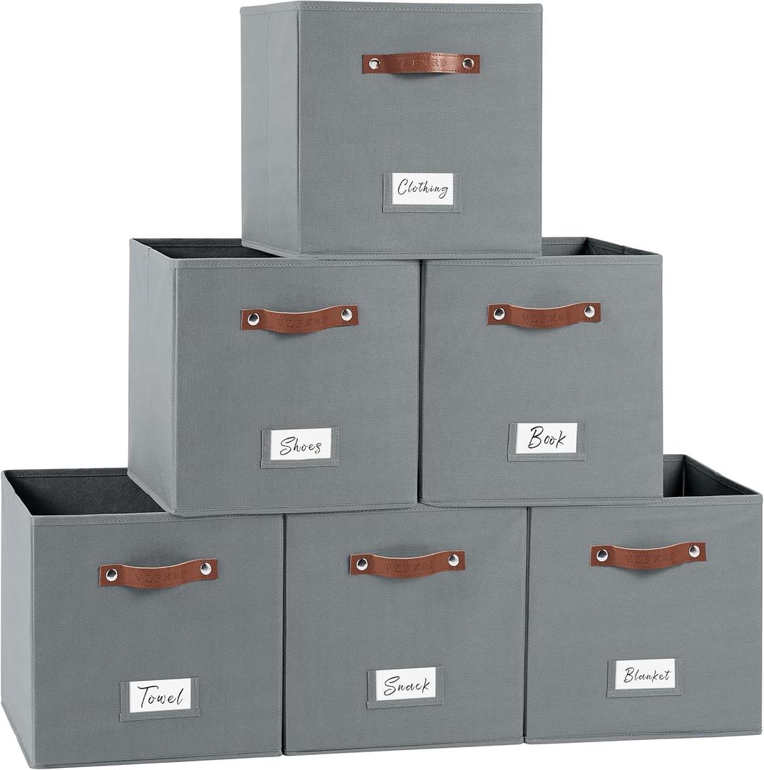 13 Inch Cube Storage Bin 6 Pack Collapsible Fabric Basket with Handles and Labels, Cube Storage Organizer for Closet, Bedroom, Living Room, Beige