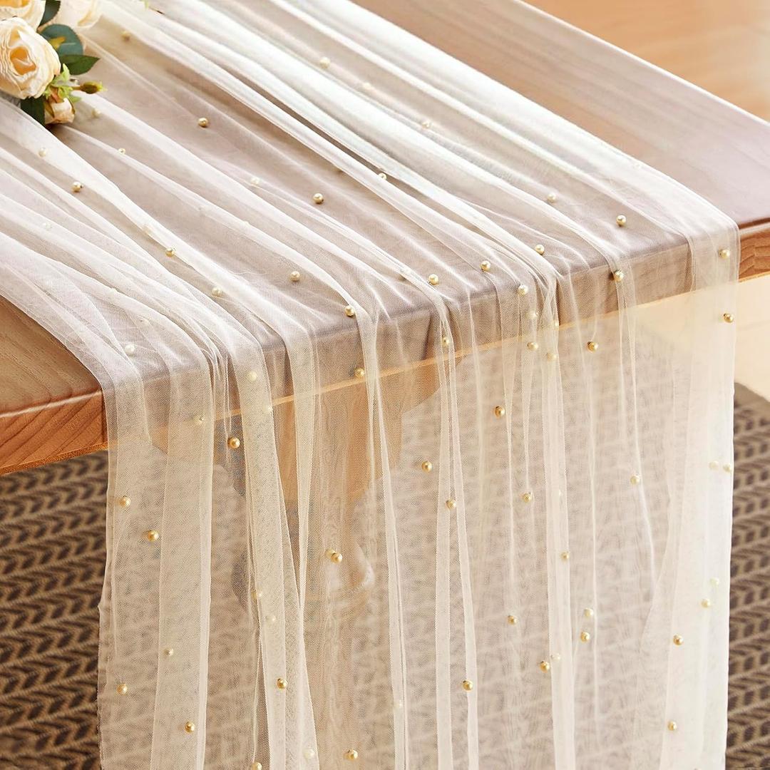 Pearl Gauze Table Runner 120 Inch 10FT Spring Summer Tulle Table Runner Sheer Dining Wedding Birthday Party Baby Shower Centerpiece Table Decor Champagne