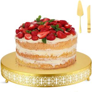 Wenqik Gold Cake Stand 16 Inch Metal Round Cupcake Dessert Stand with Cake Cutting, Spatula Xmas Cupcake Pastry Display Candy Holder Display for Wedding Birthday Party