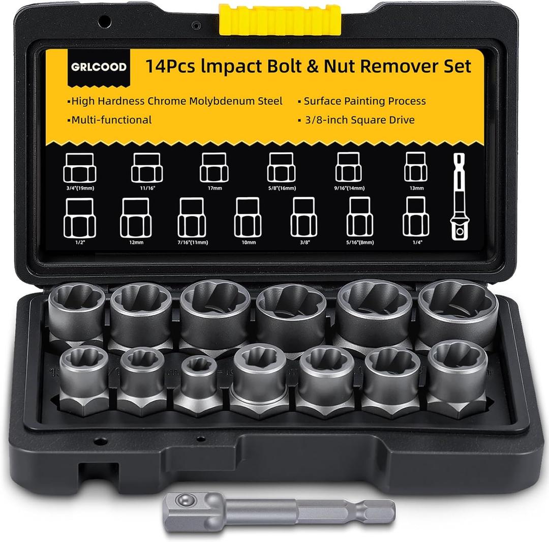 Bolt Extractor Kit, 14 PCS Impact Bolt & Nut Remover Set with 3/8 Inch Adapter, Upgrade Stripped Bolt Extractor Socket Set with Portable Tool Box, Easy Out for Rusted, Round Bolt Nuts Screws
