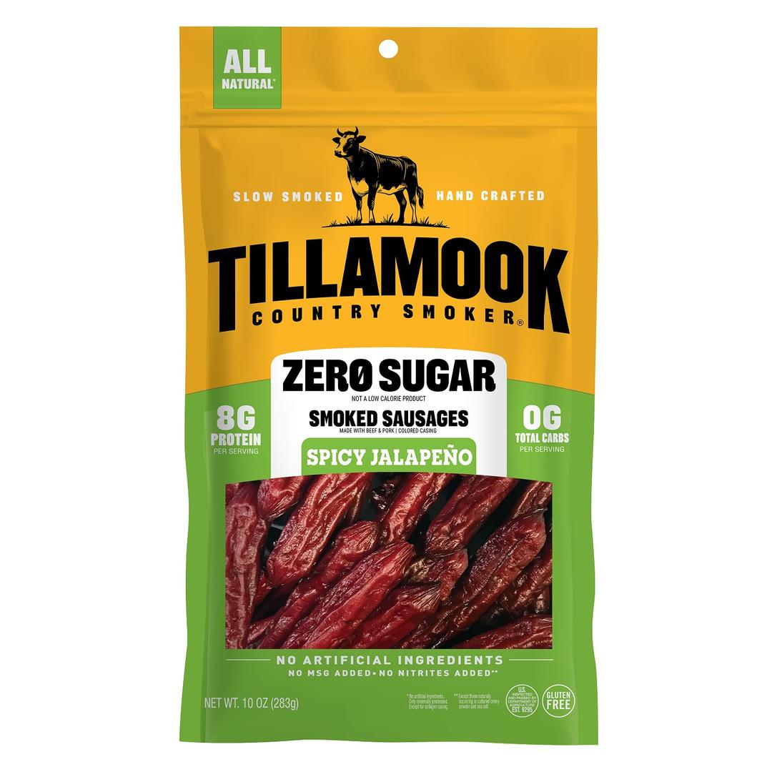 Tillamook Country Smoker Zero Sugar Spicy Jalapeno Smoked Sausages, 10 Oz, 9g Protein, Real Hardwood Slow Smoked High Protein, Low Carb Meat Sticks, Keto-Friendly, 0g Sugar & Total Carbs (EXP 03/13/27)