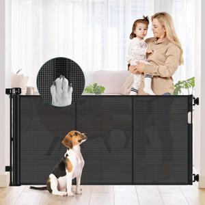 Reinforced 50" Wide Retractable Baby Gate Retractable Dog Gate with Support Rods - Anti-Bottom Crawl, Mesh Gate Retractable Gate Outdoor Retractable Pet Gate Indoor Doorway/Hallway/Stair Gate, Black