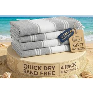 LANE LINEN Turkish Beach Towels Set of 4 - Oversized Beach Towel 39"x71", Durable Sand Proof Towel, Absorbent & Quick Dry, Perfect for Pool or Travel Alloy