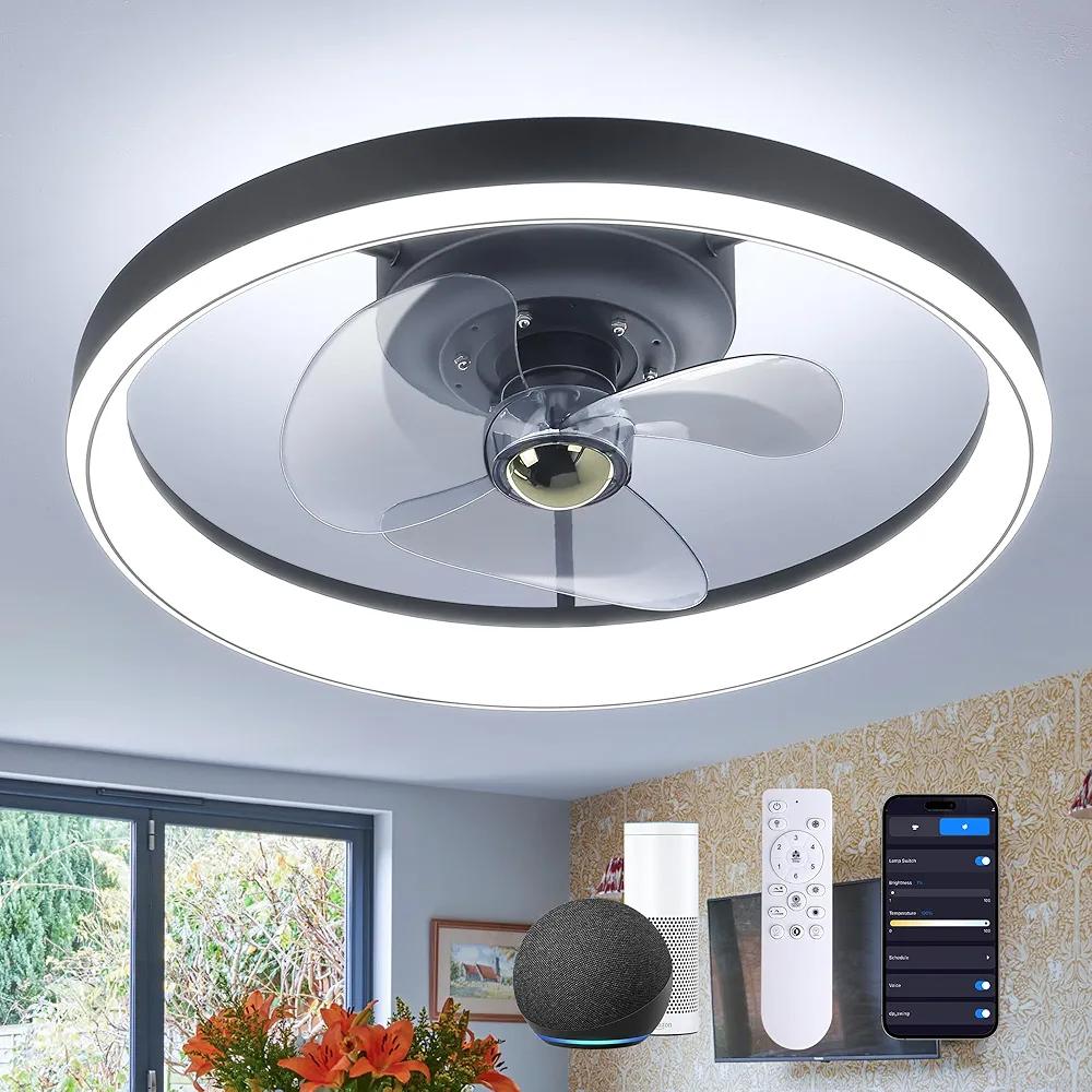 Miuyhji Bladeless Smart Ceiling Fan with Lights for Bedroom - Alexa/Google Assistant Enabled Low Profile Fandelier, 19in Flush Mount, 3000K-6500K Dimmable LED, Remote/APP Control, Black