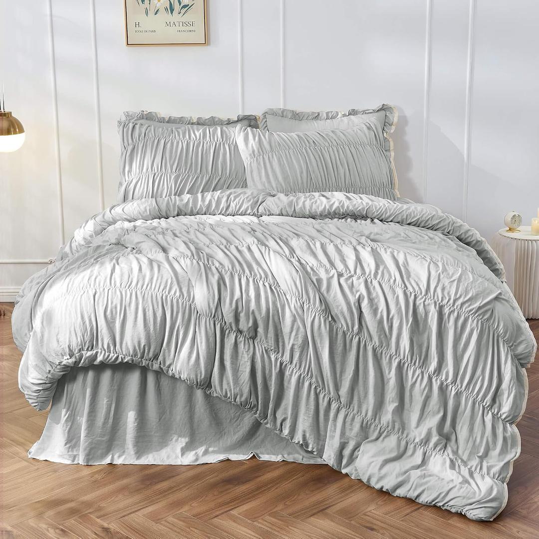 Bonlino King Size Comforter Set Bedding - Ruched Light Grey Comforter King Bed Set Boho Shabby Chic Comforter Fluffy 3 Piece Ruffle Comforter Set Pillow Girl Bedding Soft and Luxury