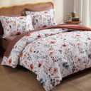 CASAAGUSTO Queen Comforter Set, 7 Pieces Bed in a Bag Queen White Floral Comforter Set with Terracotta Flowers Leaves Pattern, Soft Seersucker Design All Season Queen Bedding Set