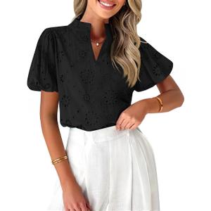 ZESICA Women's Summer Short Puff Sleeve Shirts 2025 V Neck Casual Hollow Out Lace Embroidered Blouse Tops (Black, S)