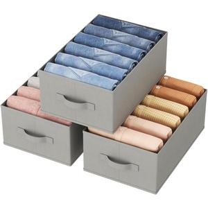Lifewit Wardrobe Clothes Organizer 3 Pack, Large Size 6 Grids Closet Jean Storage Bins with Handles and Support Boards, Foldable Drawer Dividers for Sweater, Pants, T-shirt, Hoodie, Dress, Grey (16.5" x 10.6" x 6.7" (6 Grids))