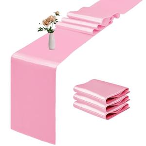 4 Pack Satin Table Runner 12 x 108 Inch Long Pink Smooth Silk Fabric Table Runner for Birthday Parties Wedding Banquets Decorations.