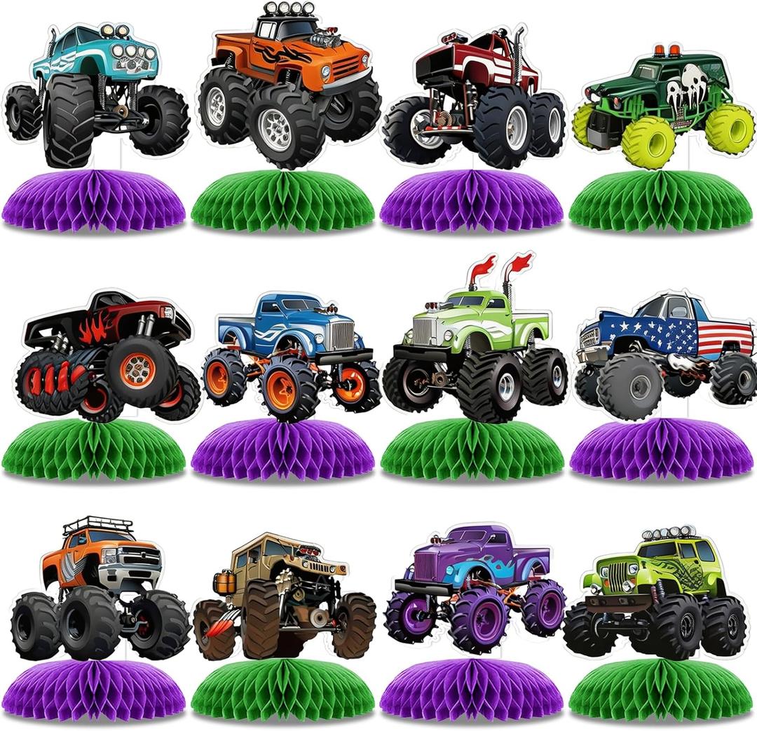 12 PCS Monster Truck Party Table Decorations, Monster Truck Birthday Honeycomb Centerpiece, Racing Car Theme Birthday Decoration for Boys Girls Baby Shower Kids Cake Decorations Party Supplies