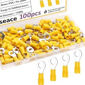 smseace 100Pcs 1/4(M6) 12-10AWG Ring terminals Insulated Ring Connects Electrical Wire Crimp Ring Connectors Terminal