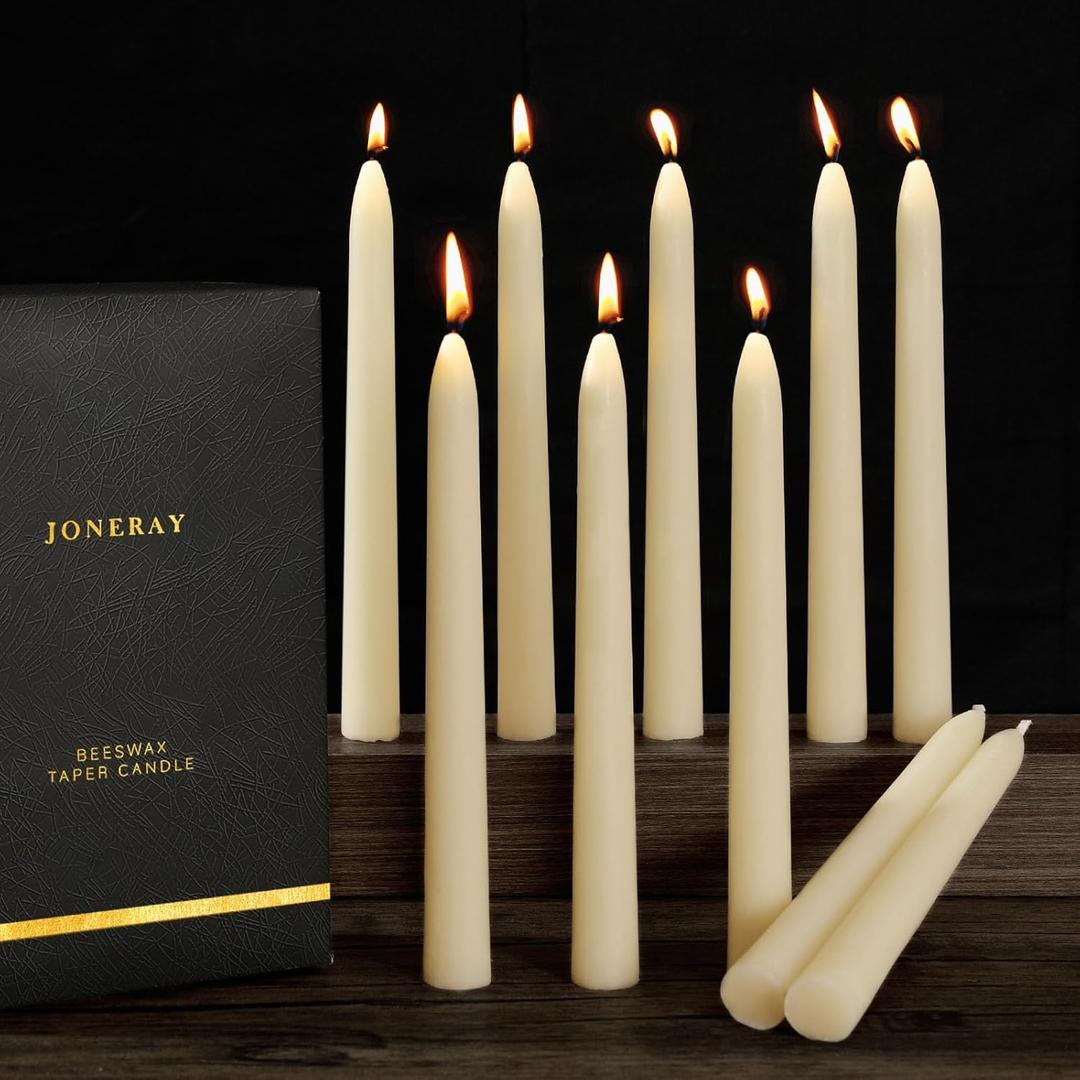 JONERAY Ivory Beeswax Taper Candles, Unscented and Smokeless Taper Candles, 8-inch Pure Natural Bees Wax for Holiday, Birthday (Pack of 10)