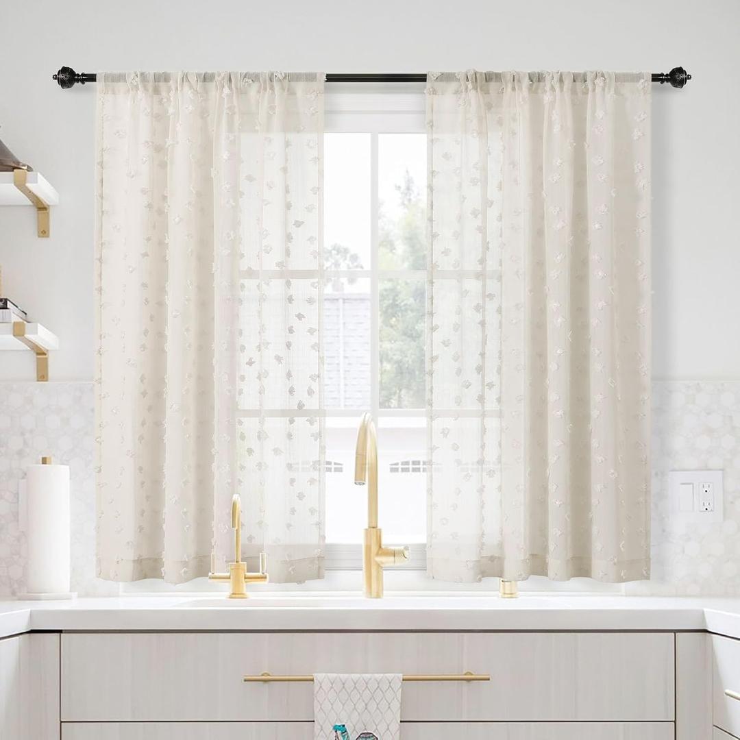 MYSKY HOME Beige Sheer Short Curtains for Kitchen 54 inch Long with Pom Pom Small Windows Bedroom Nursery Kids Girls Room Curtains Cafe Light Filtering Boho Drapes, Rod Pocket,52" Wide, 2 Panels