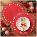 Remerry Valentine's Day Embroidered Placemats Set of 4, Round 13 Inch Washable Non-Slip Woven Table Mats Wedding Anniversary Place Mats for Party Kitchen Dining Decoration (Red)