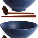 Kanwone Ceramic Japanese Ramen Bowl Set, Noodle Soup Bowls - 60 Ounce, with Matching Spoons and Chopsticks for Udon Soba Pho Asian Noodles, Set of 2, Navy (9 Inch)