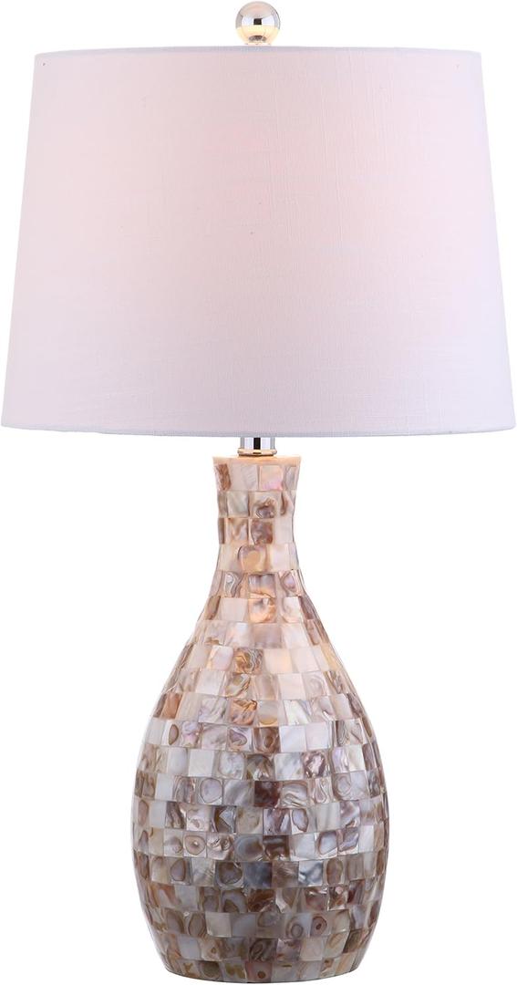 JONATHAN Y 26.5" Ivory Beige Mosaic Seashell LED Table Lamp for Living Room Bedroom Nightstand, Coastal Capiz Shell Base with White Linen Drum Shade, LED Bulb Included JYL1054A