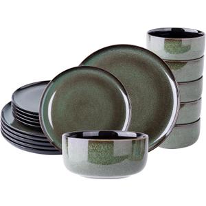 LeRatio Ceramic Dinnerware Sets for 6,Porcelain Plates and Bowls Sets,Handmade Reactive Glaze Dishes Set,Chip Resistant and Scratch Resistant | Oven&Dishwasher & Microwave Safe-Green(18PCS) (Service for 6 (18 Pcs), Modern-Dark Green)