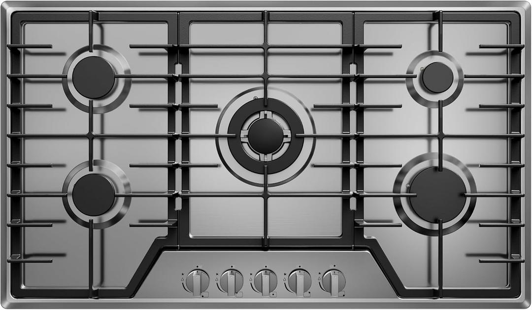 36 Inch Gas Cooktop 5 Sealed Burners, Stainless Steel Drop-in Stovetop Dishwasher Safe Cast Iron Grates, NG/LPG Convertible, 38K BTU