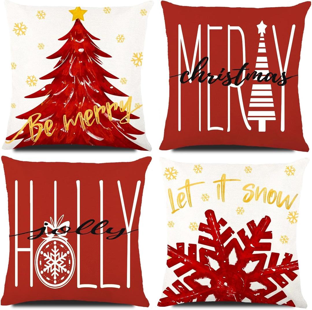 DIYDEC 4PCS Christmas Pillow Covers 18x18 inch Winter Throw Pillow Covers Red Merry Christmas Tree Snowflake Pillow Covers Gold Let it Snow Decor Cushion Case for Holiday Home Sofa Couch