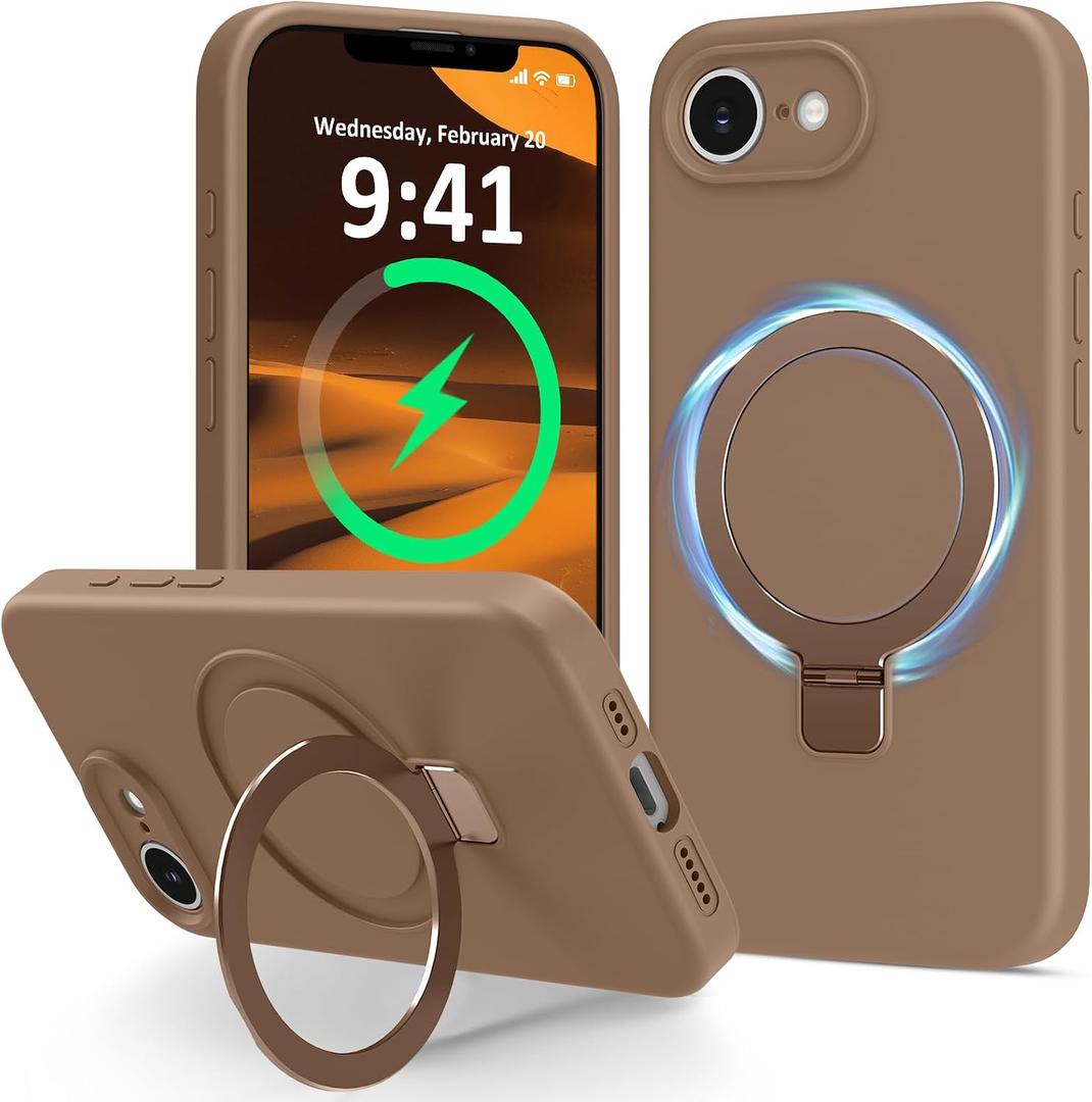 for iPhone 17e / iPhone 16e Case Stand, Slim Liquid Silicone Phone Cases Compatible with MagSafe Magnetic Ring Kickstand Case Full Camera Protection for iPhone 17e / 16e 6.1", Titanium
