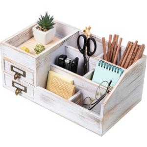 Distressed Rustic Wooden Office Desktop Organizer Shelf Tabletop Home Organizer Storage with Multiple Compartments 2 Tier Drawers perfect Jewelry storage Display Box for Desk Vanity (Washed white)