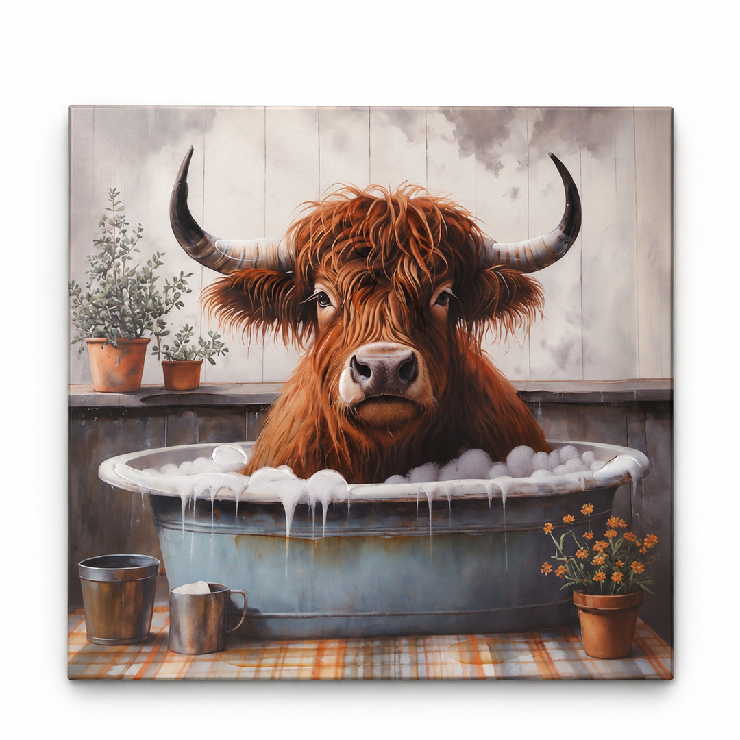Poemwish Highland Cow Wall Art in Bathtub, Whimsical Highland Cow Decor, Surreal Canvas Wall Art with Bubble Bath, Quirky Animal Painting with Vintage Tub 16x16 Inch