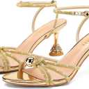 FINDVELL Women's Kitten Heels Rhinestone Pearl Low Heel Sandals Strappy Sparkly Round Open Toe Ankle Strap Wedding Party Dress Shoes, 8