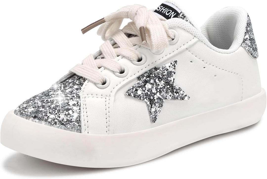 Girls Sneakers Glitter Tennis Shoes Lightweight Non-Slip Running Walking Shoes for Toddler/Little Kid/Big Kid (White) 12 Little Kid