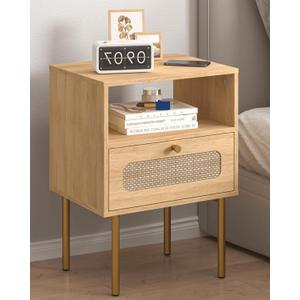 Leomonio Nightstand, Modern Beside Table with Storage Drawer and Open Wood Shelf, Small End Side Table with Glass Decorative Door and Gold Frame, for Living Room, Bedroom (Oak-4)