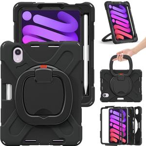 Kids Case for iPad mini 7 (A17 Pro) 2024/ Mini 6 8.3'' | Heavy Duty Shockproof Rugged Case with Hand Strap,Carrying Shoulder Strap,Rotating Kickstand,Outdoor,Black