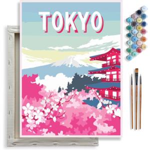 Kraftistry Framed Canvas Paint by Number for Adults - DIY Paint by Numbers for Beginner, 12"x16" Painting Kits for Adults, 3 Paint Brushes, Acrylic Paint, Hooks Nails (Tokyo)