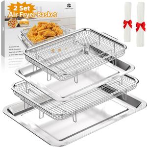 Air Fryer Basket for OvenYEPATER 2 Set Stainless Steel Air Fryer Tray and Pans for Oven,Air Fryer Pan with Crisper Tray for Baking Grilling Cooking and Frying (15.6" x 11.6" & 12.8" x 9.6")