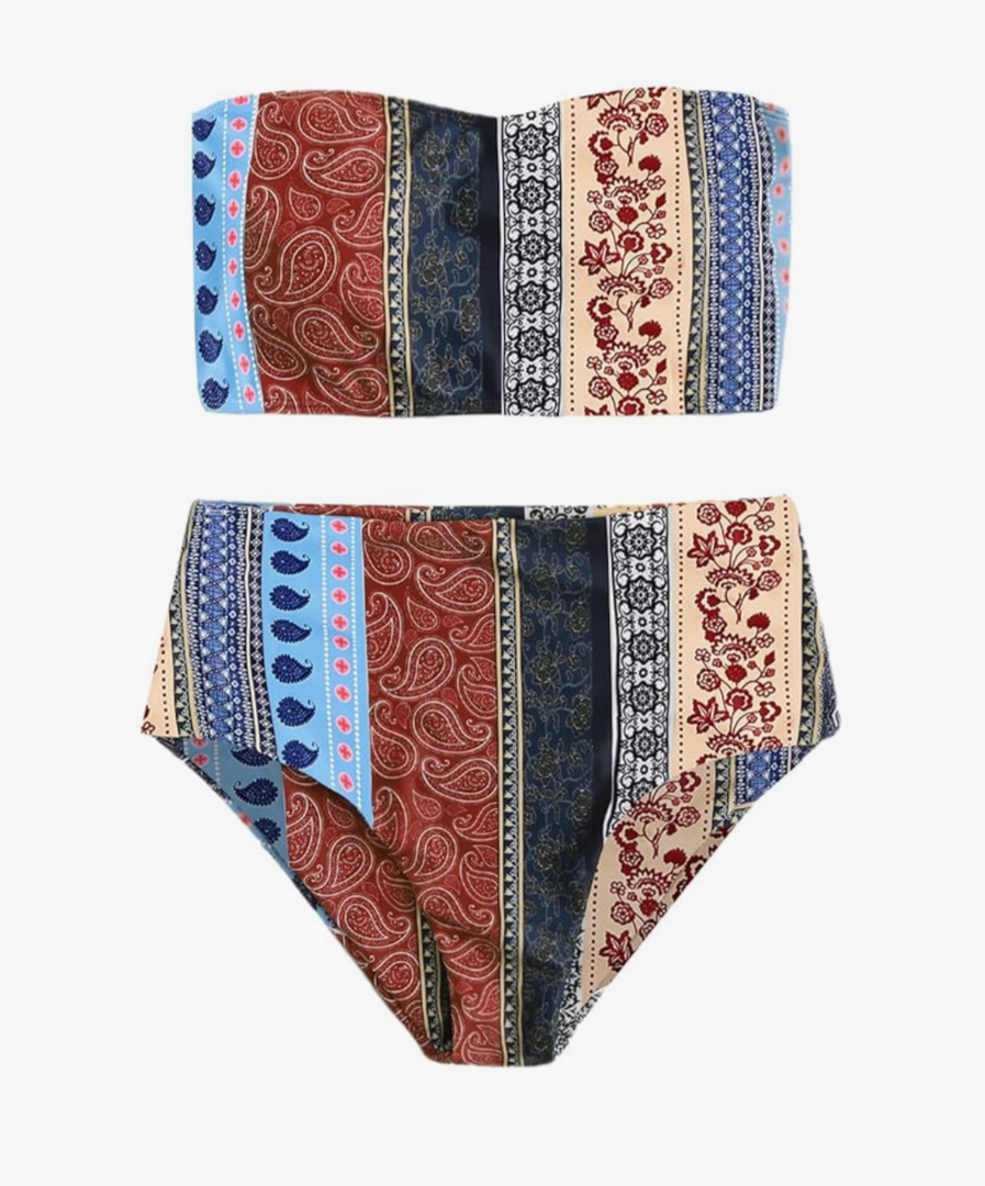 Women's Boho Two Piece High Waist Bathing Suit Bandeau Swimsuit M