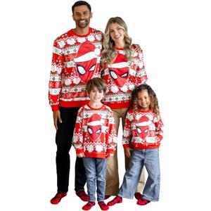 Disney family matching sweatshirt Stitch Mickey Spiderman print long sleeve winter Christmas mom dad kids loose fit red (L)