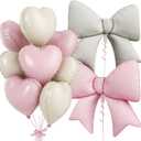 Cream Pink Heart Balloons, Pink Bow Balloons, 10Pcs 18 Inch Heart Shaped Balloon and 38 Inch Helium Bow Foil Balloon for Girl Women Birthday Valentine's Day Proposal Wedding Baby Shower Party Decor