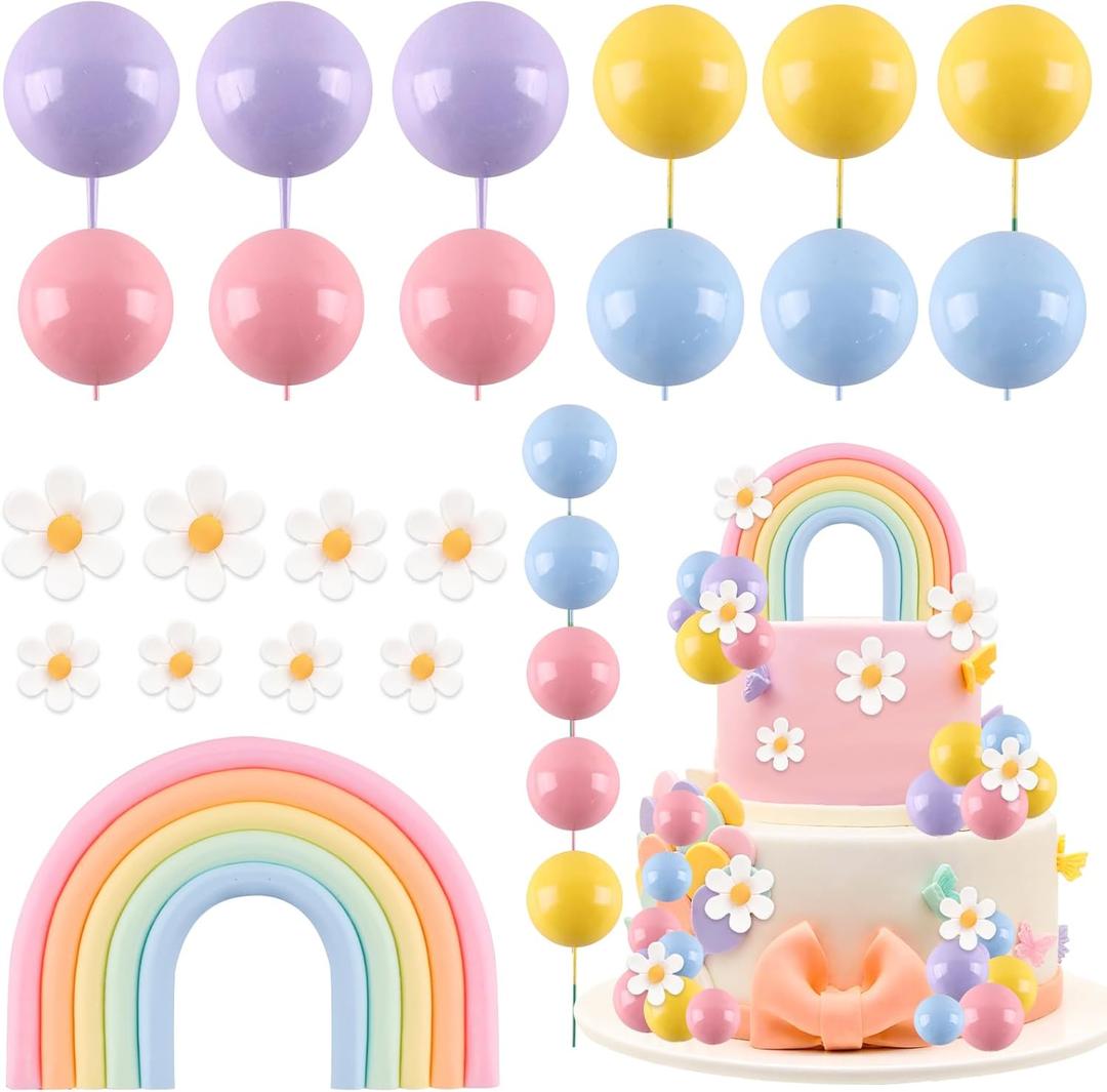 Rainbow Cake Topper 26Pcs Macaroon Balls Cake Decorations with Flower Groovy Cake Toppers Daisy Themed Cake Decorations Colorful Ball Cupcake Cake Decor for Girl Bohemian Hippie Wedding Party