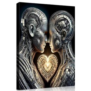 Framed 3D Love Wall Art Canvas Mural Futurist Gallery Couple Fantasy Robot Romantic Poster Art Bedroom Living Room Office Game Room High tech Aesthetic Decoration 16x24 inches