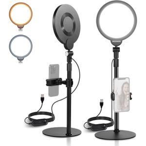 NEEWER Basics 2 Pack 7" Desk Ring Lights for Video Recording, 10W Dimmable Full Screen Key Lighting with Stands & Phone Holders for iPhone Computer Laptop Vlog Live Streaming Video Conference, R06