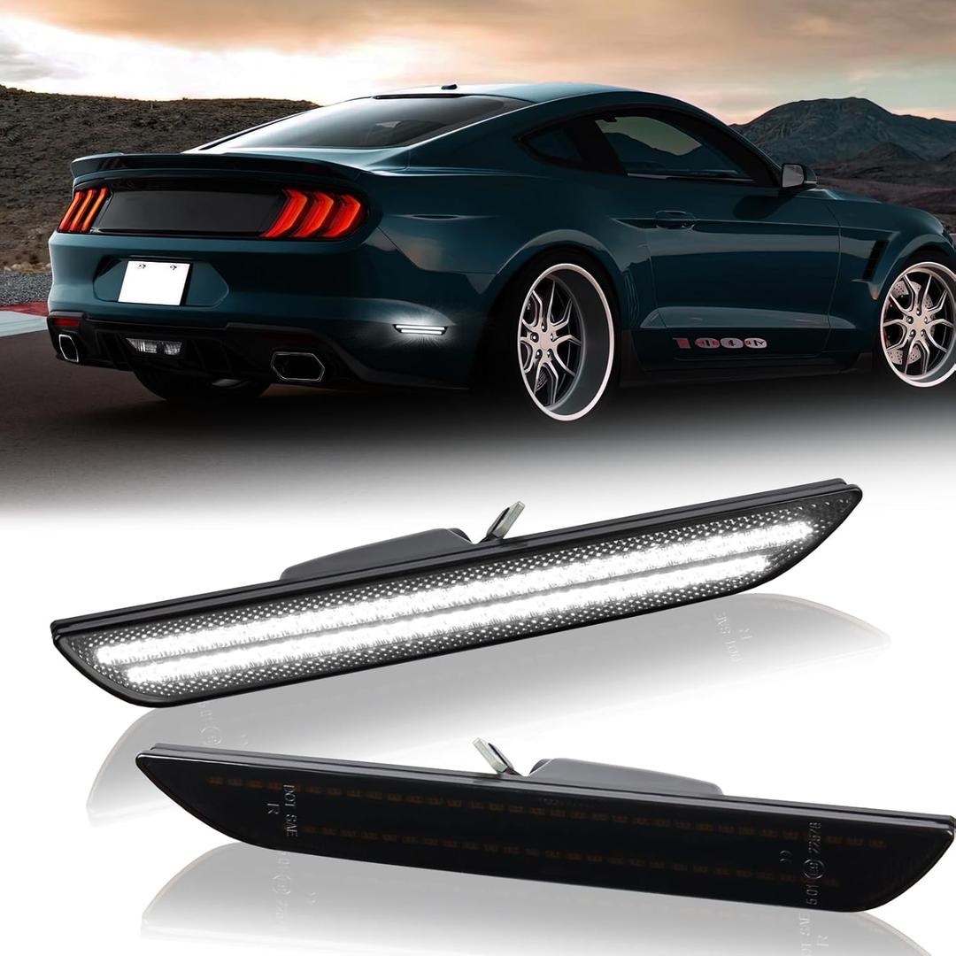LED Side Marker Lights Rear White Bumper Marker Lamp Reflectors for Ford Mustang 2015-2023, Smoked Len 2PCS